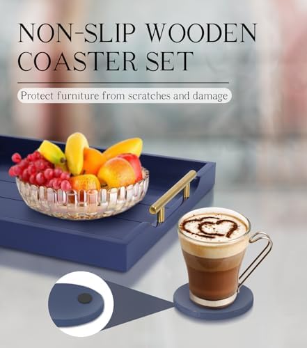 SXNOWS Wooden Serving Tray with 2 Sets of Handles,Navy Blue