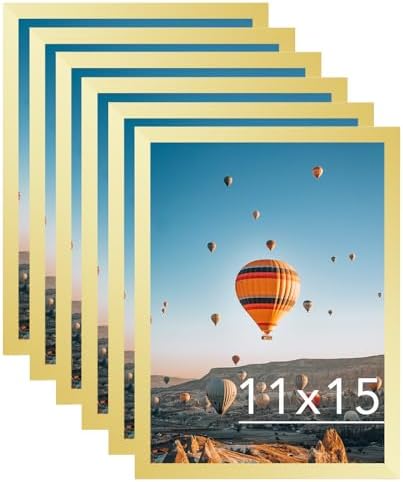 JCJMY 11x15 Gold Picture Frame Set of 6, Horizontal and Vertical Formats for Wall Hanging, 11 x 15 Wall Gallery Poster Photo Frames with Shatter Resistant Plexiglass, 6 Pack, Gold
