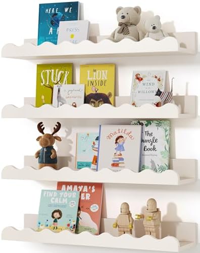Seocry Kids' Bookshelf Set of 4 - White Floating Nursery Book Shelves, Picture Ledge Shelf for Wall Decor and Storage - Perfect for Books, Toys, Photo Frames, and Nursery Décor