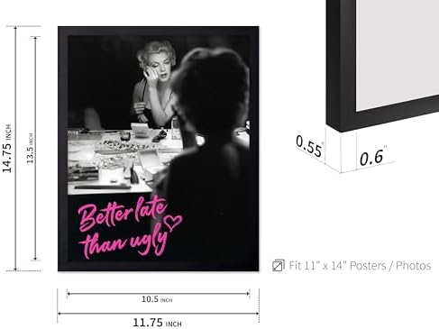 Poster Master Better Late Than Ugly Print - Marilyn Poster - Modern & Pop Art - Trendy Gift for Men, Women & Fashionista - Chic Decor for Bathroom or Girl's Room - 11x14 Black Framed