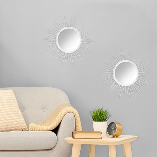Sunburst Wall Mirrors 2 Set 12'' Decor Art Mirror Bohemian Home Round Modern Metal Mirror for Bedroom Living Room Hallway Bathroom Balcony White