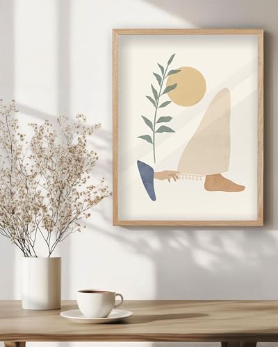 KensTro 16x20 Oak Framed Woman Touches Jesus' Robe Christian Wall Art | Natural Oak Wood Frame with Minimalist Biblical Healing Scene, Neutral Faith Decor for Living Room, Bedroom or Prayer Space