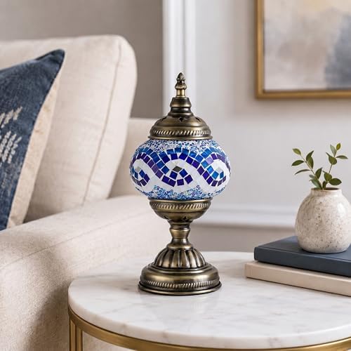 GOGERS Turkish Moroccan Table Lamp Lantern with Handmade Mosaic Glass Lampshade Tiffany Style Bohemian Stained Glass Decorative Desk Lamps Bedside Night Lights for Bedroom (White Multiple Blues)