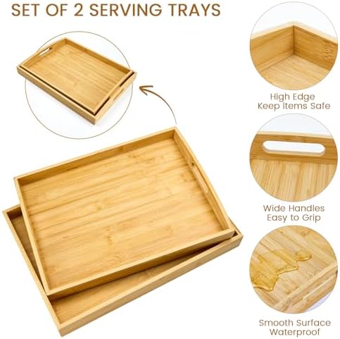 GOLD HONEY Bamboo Serving Tray with Handles, Wooden Serving Tray Set of 2