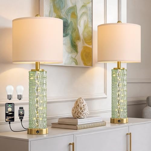 Oneach 27.75" Modern Table Lamps Set of 2, Green Bedside Lamp with Glass Nightlight, USB A+C, Unique Desk Lamps for Living Room, Bedroom, Nightstand, End Table (2 Bulbs Included)