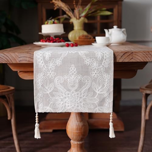 Embroidered Table Runner Boho Farmhouse Dresser Scarf, 14" x 38"