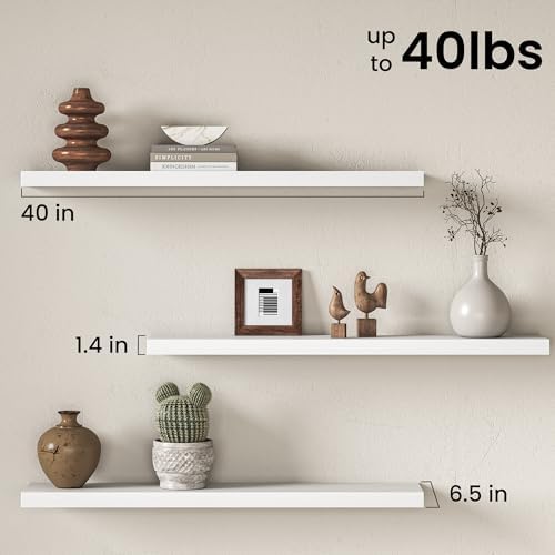 40 Inch Floating Shelves for Wall, Rustic Wood Wall Mounted Deep Storage Shelves with Invisible Brackets, Long Decorative Display Ledge for Living Room Bedroom Bathroom and Kitchen, Set of 2, White