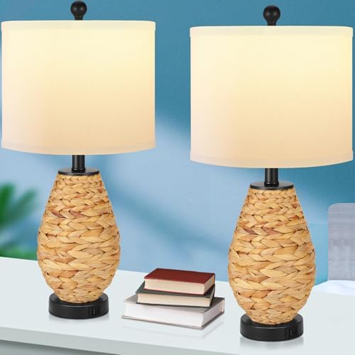Coastal Table Lamps Set of 2, Retro Natural Seagrass Rattan Woven 24" Bedside Lamp, for Bedroom Living Room Home Nightstand Table Lamp(with USB C+A 5V 2.1A Charging Ports)