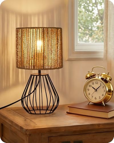 Rattan Table Lamp, Boho Table Lamp, Small Bedside Lamp, Handwoven Paper Lampshade, 2700K LED Bulb Included, Boho Desk Lamp, Modern Nightstand Lamp for Bedroom, Living Room, Striped SW06TL05