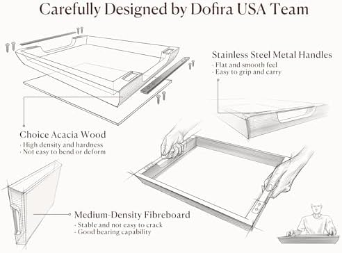 Acacia Wood Serving Tray with Metal Handles, 17x13in Large Ottoman Tray, Food Drinks Tray for Coffee Table, Breakfast, Dinner & Bar, Rustic Decorative Tray for Kitchen, Bedroom Gift Box