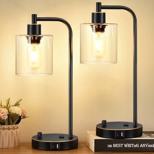 Set of 2 Black and Gold Industrial Table Lamps with USB Port, Fully Stepless Dimmable Bedside Lamps for bedrooms, Nightstand Desk Lamps with Clear Glass Shade for Reading Office 2 LED Bulb Included