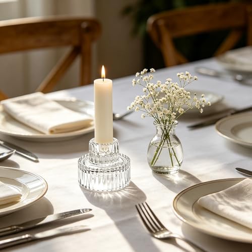 Hosley Set of 12 Glass Taper Candle Holders - Clear Glass Candlestick Holders 2 Inch High for Wedding Centerpieces, Party, Dinner Table, Reiki Meditation, Home Decor