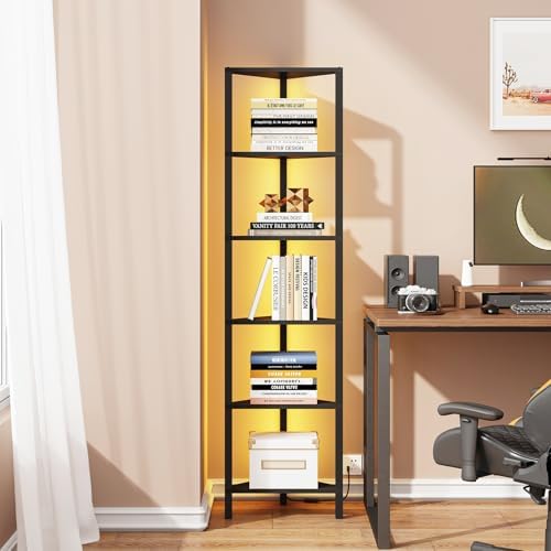 TUTOTAK Corner Shelf with LED Light, 6-Tier Corner Bookshelf