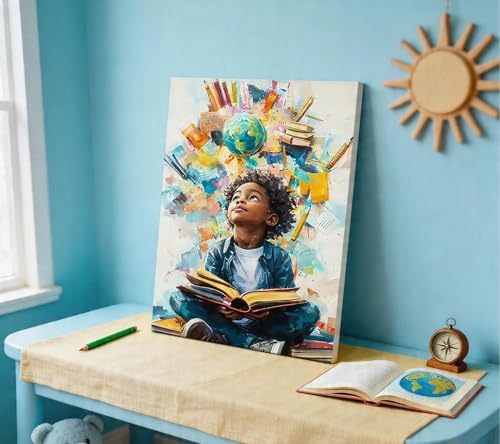 Black Boy Reading Canvas Wall Art Inspirational Books For African American Boys Painting Picture Wall Decor African Boy Poster Print Artwork for Teenagers' Living Room Study Home Decoration 12x16in