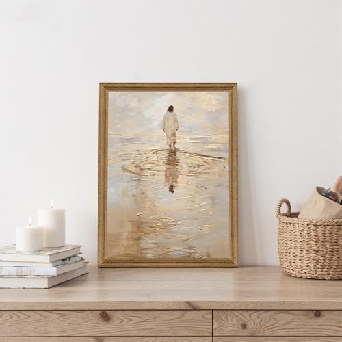 Fantasy Artists Christian Wall Art – Jesus Walking on Water Inspirational Painting, Warm Gold Faith Artwork for Home & Prayer Room, Religious Decor Symbolizing Hope, Trust & Divine Strength, 12W X 16H