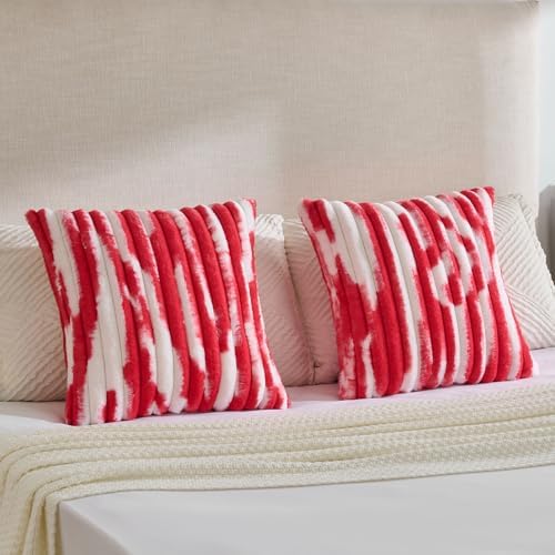 FUTEI Pack of 2 Faux Fur Throw Pillow Covers 22x22 Inch, Red White