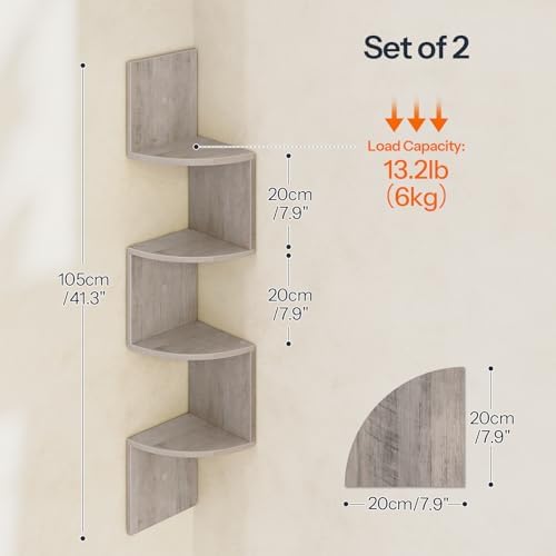 HOOBRO Corner Shelf Wall-Mounted, Set of 2 Floating Corner Shelves for Wall, 4-Tier Corner Bookshelves for Wall Decor in Living Room, Bedroom, Bathroom, Home Office, Greige BG25BJP201