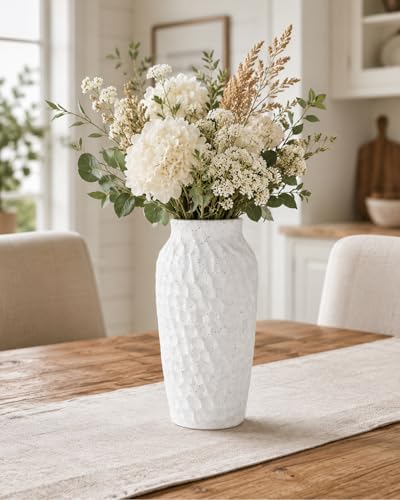 12.4 Inch Large White Textured Ceramic Tall Vase for Rustic Home Decor | For dried flowers and pampas grass on tables, shelves and living room displays