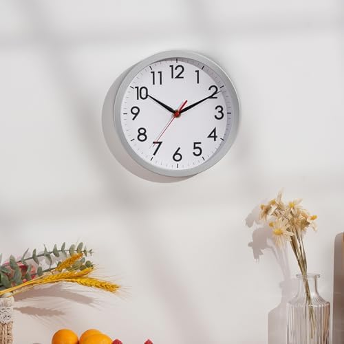 AKCISOT 8 Inch Wall Clock, Silent Battery Operated Analog Clock, Silver | Small Size | Bedroom | Office | Kitchen | Bathroom | Classroom | Modern | Easy to Read