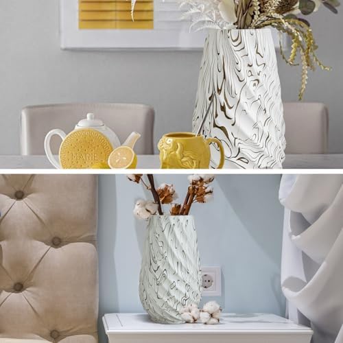 10 inch Tall Ribbed Ceramic Vase for Flowers,Boho Vases for Pampas Grass,Fluted vase,Simple Modern Decorative Vase for Home Decor Table Centerpieces (Milk Pattern)