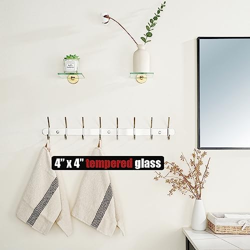 JQK Small Floating Glass Shelves Gold, 4 Inch Display Ledges for Wall, Mini Decor, Living Room Bedroom Bathroom, Tempered Glass Shower Storage, 2 Pack, TGS101L4-BG-P2
