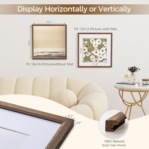 Fun Memories 16x16 Oak Picture Frame, 16x16 Matted Frame For 12x12 Picture, Square Wood Frame for Vertical and Horizontal Display on Wall and Table (Walnut, 1 Pack)