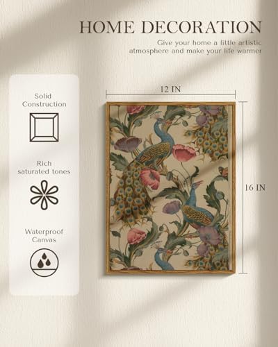 WHASAYART Vintage Peacock Floral Wall Art Framed Canvas Wall Decor 12x16in | Classic Retro Flowers Botanical Bird Painting Print, Boho Nature-Inspired Decor, Abstract Animal Artwork for Bedroom Bathroom