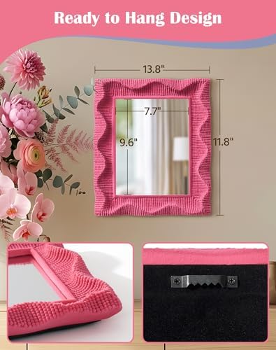 Cute Wall Mirror Decor for Girls Bedroom Dressing Room,Rose Pink | 14x12",Soft Velvet-like Touch,As Photo Backdrop,Funky Framed Vanity Mirrors for Hallway Entryway Home Office,Wavy Design