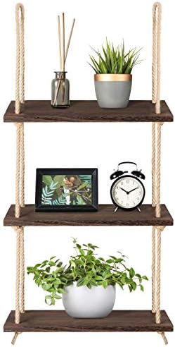 Mkono Hanging Shelves 3 Tier Rustic Wood Floating Wall Shelves Photo Plant Display Hanging Storage Shelf Home Decor for College Dorm Room Decor Bathroom Living Room Bedroom Apartment
