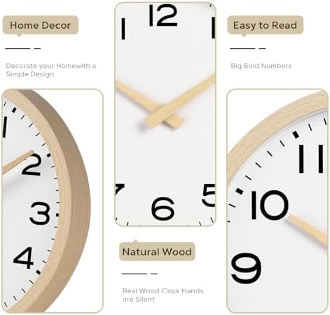 AKCISOT 14 Inch Wall Clock, Silent Battery Operated Analog Clock, Natural | Classroom | Office | Kitchen | Living Room | Garage | Shop | Large Size | Easy-to-read numbers