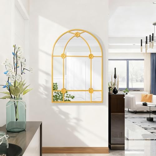Wall Arched Mirror, Gold Metal Framed Arch Mirror Modern Artistic Decorative Mirrors for Bedroom Living Room Bathroom, 20x28 Inch Decor