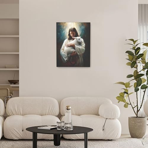 Jesus and Lamb Wall Decor Pictures Jesus with Lamb Wall Art Religious Christian Canvas Prints Painting God Faith Artwork Decoration for Bathroom Bedroom Living Room Framed Gifts 12"x16"