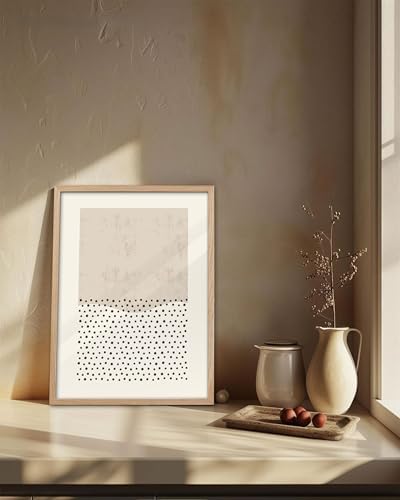 KensTro 12x16 Oak Framed Beige Christian Abstract Wall Art | Natural Oak Wood Frame with Beige Texture and Black Dot Pattern, Minimalist Faith-Inspired Decor for Living Room or Bedroom