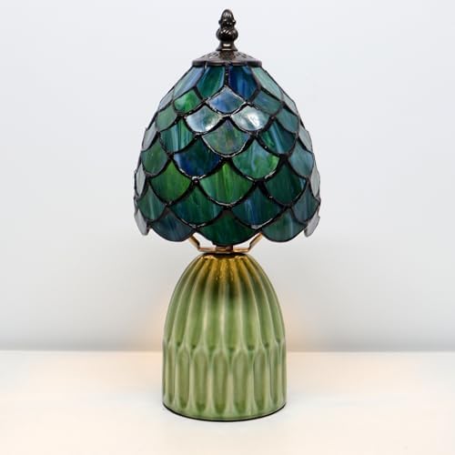 Tiffany Stained Glass Mushroom Table Lamp 12.5 Inch -Blue Fish Scale