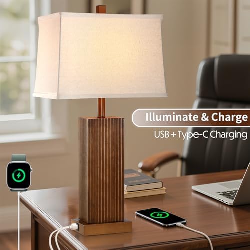 Lovlast 27.5" Wood Table Lamp for Bedroom, Farmhouse Lamp for Living Room