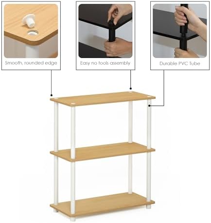 Furinno TURN-N-TUBE Storage Shelves, 3-Tier Book Shelf, Corner Shelf, Toolless Open Shelves, for Organization and Storage, Living Room, Garage, Home Office, Beech