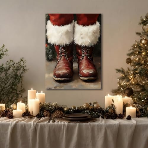 Framed Christmas Boots Wall Art 12x18inch– Rustic Winter Canvas Prints for Home Wall Decor – Farmhouse Red Christmas Pictures Wall Hanging for Living Room & Bedroom, Bathroom