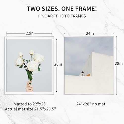 24x28 Metal Picture Frame with 22x26 Mat, Brushed Aluminum Finish, Tempered Glass, and Attached Hanging Hardware - Versatile Wall Display Frames for Vertical or Horizontal Orientation, Silver, 1 Pack