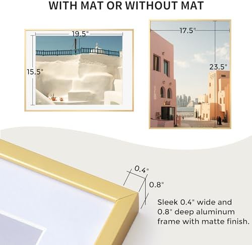 Fun Memories 18x24 Aluminum Poster Frame, 18 x 24 inch Metal Picture Frames with Real Glass Front, Displays 16x20 Photos with Mat or 18x24 Images without Mat - Gold - Set of 2