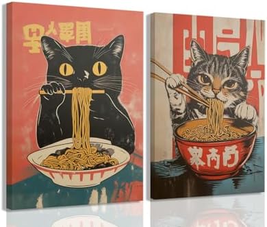 Framed Funny Black Cat Canvas Wall Art Set of 2, Vintage Japanese Cat Eating Ramen Poster, Unique Gifts and Animal Lover Printing Picture for Living Room Kitchen Dining Room Wall Decor 16x24 Inch