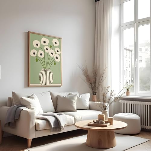 Green Poppy Floral Wall Art Abstract Botanical Wall Print Painting | Vintage Green Flower Pictures Wall Decor Boho Floral Canvas Wall Art Home Decor for Living Room Bedroom 16x24 Inch Unframed