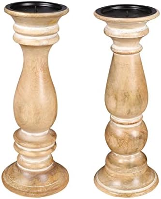 Rustic Candle Holder Set of 3 – 10", 8", 6" – Burnt Finish Wooden Pillar Stands for Wedding, Party, Home Décor, Spa – Country Style Gift for Table Centerpiece