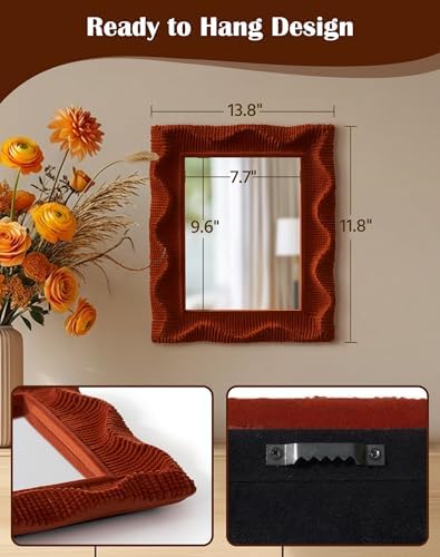Small Wall Mirror with Cozy Flocking Touch for Bedroom Decor,Maroon | 14x12" Resin Frame,Wavy Style,Funky Decorative Mirrors for Vintage Mid-Century Victorian Home Living Room Office Guest Room