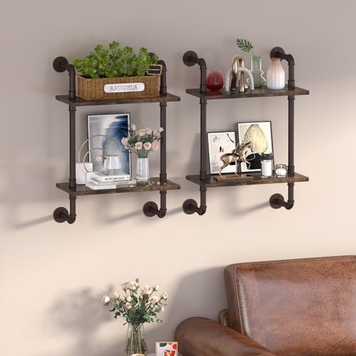 Helsin 2 Tier Industrial Pipe Floating Bathroom Shelves, 16inch Rustic Wood Wall Mounted Shelf, Storage Rack Sundries Holder for Kitchen Office Bathroom Organization & Home Décor