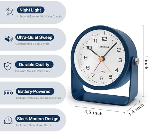 Lamisola 3.5 Inch Small Desk Battery Clock, Alarm Clock for Bedroom, Blue