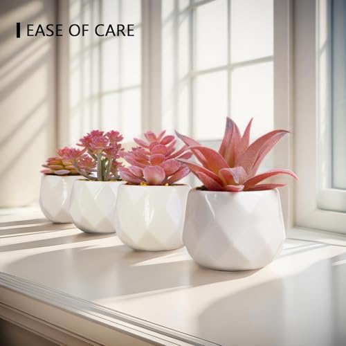 VIVERIE Mini Faux Succulents Plants Artificial in Pots-Rose Pink Desk Accessories, Small Fake Succulents Plants for Home Decor Indoor for Women, White Ceramic, Set of 4