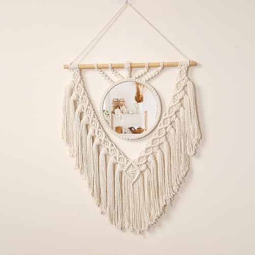 jontell Boho Round Wall Mirror Macrame Wall Hanging Circle Hanging Mirror for Over Sink Bedroom Living Room Apartment Entryway Girl Bedroom Decoration Vanity