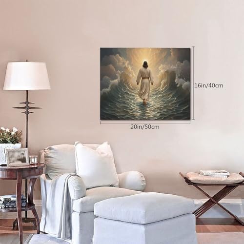 Jesus Walking on Water Wall Art Jesus Christian Spiritual Wall Decor Pictures Bible Story Canvas Prints Painting God Faith Artwork Decoration for Bathroom Bedroom Living Room Framed Gifts 16"x20"
