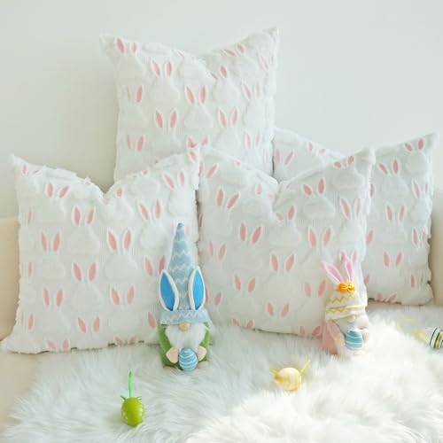 JOJUSIS Decorative Pillow Covers Pack of 4 Throw Pillowcases Faux Fur Couch Cushion Easter Rabbit 20" x 20"