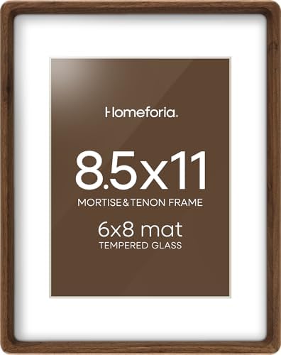 Homeforia 8.5x11 Mortise&Tenon Walnut Picture Frame, 6x8 Mat, Glass